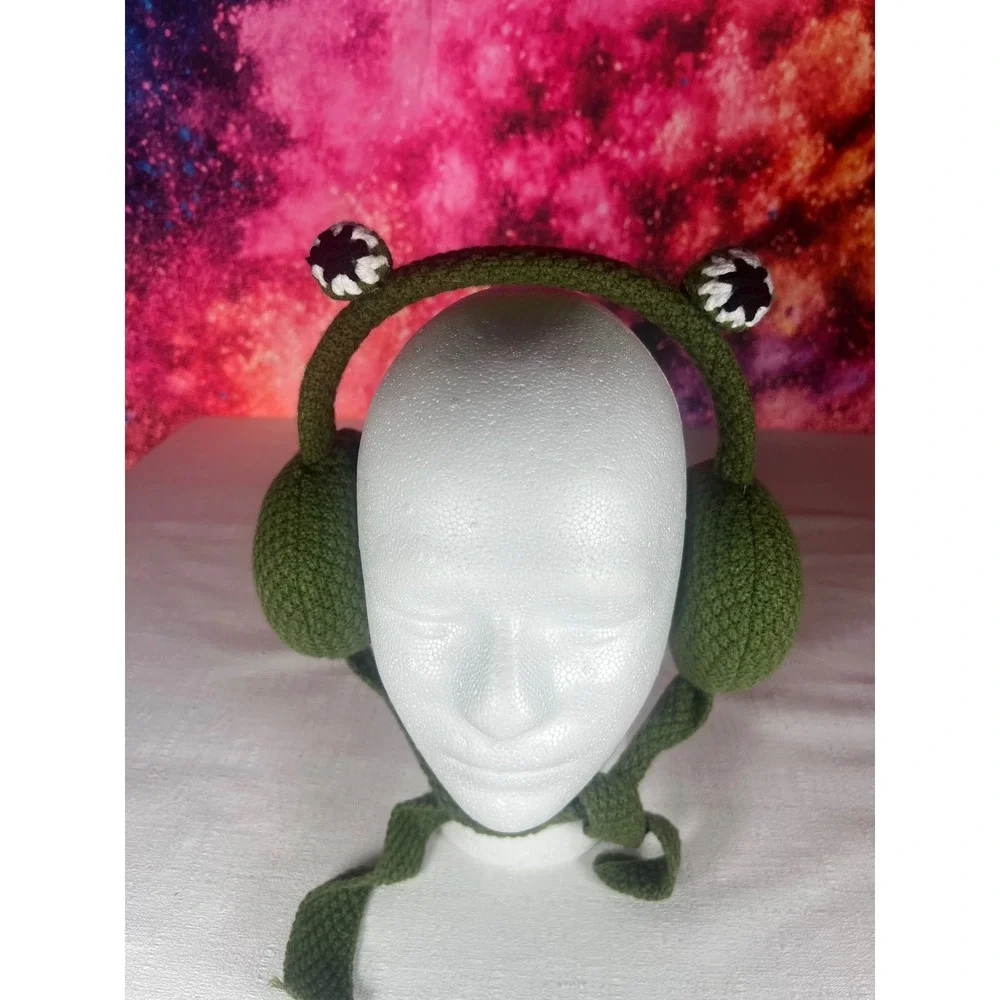 Green Crochet Frog Earmuffs Knit Animal Ear Warmers with Ties One Size OSFM